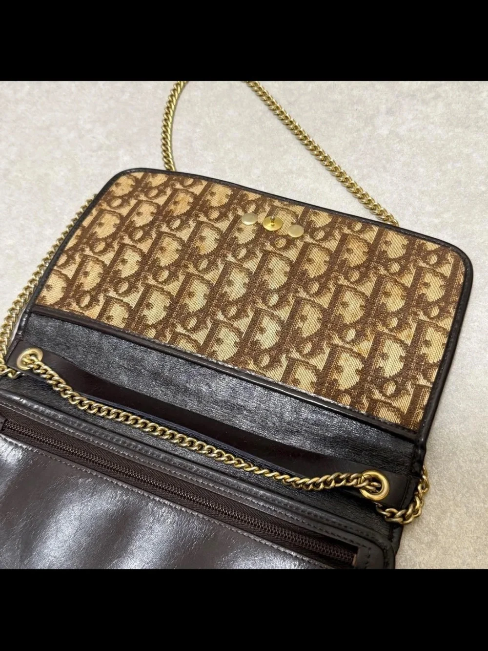 Dior Brown Logo Jacquard Crossbody with Gold Chain